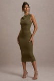 Jemma Khaki Bodycon Ruched Midi Dress