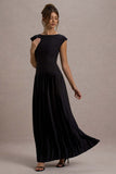 Arna Black Boat-Neck Pleated Maxi Dress