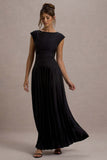 Arna Black Boat-Neck Pleated Maxi Dress