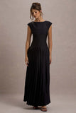 Arna Black Boat-Neck Pleated Maxi Dress