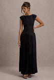 Arna Black Boat-Neck Pleated Maxi Dress