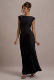 Arna Black Boat-Neck Pleated Maxi Dress