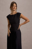 Arna Black Boat-Neck Pleated Maxi Dress