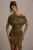 Osmanthus Khaki Asymmetric Draped Mini Dress