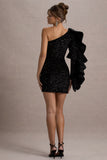 Nikko Black Sequin Ruffle-Sleeve Mini Dress