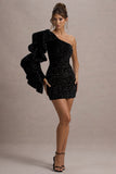 Nikko Black Sequin Ruffle-Sleeve Mini Dress