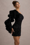 Nikko Black Sequin Ruffle-Sleeve Mini Dress