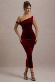 Carella Berry Velvet Twisted Asymmetric Midi Dress