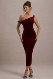 Carella Berry Velvet Twisted Asymmetric Midi Dress