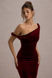 Carella Berry Velvet Twisted Asymmetric Midi Dress