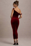 Carella Berry Velvet Twisted Asymmetric Midi Dress