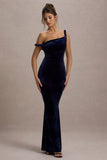 Neeka Navy Velvet Twisted Asymmetric Maxi Dress