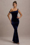 Neeka Navy Velvet Twisted Asymmetric Maxi Dress