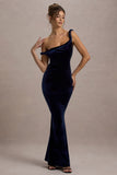 Neeka Navy Velvet Twisted Asymmetric Maxi Dress