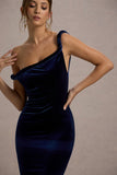 Neeka Navy Velvet Twisted Asymmetric Maxi Dress