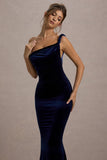 Neeka Navy Velvet Twisted Asymmetric Maxi Dress