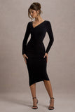 Lilia Black Ruched Asymmetric Midi Dress