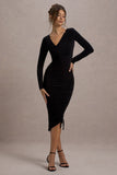 Lilia Black Ruched Asymmetric Midi Dress