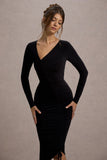 Lilia Black Ruched Asymmetric Midi Dress