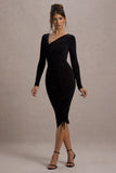 Lilia Black Ruched Asymmetric Midi Dress