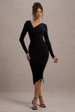 Lilia Black Ruched Asymmetric Midi Dress