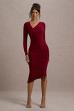 Lilia Berry Ruched Asymmetric Midi Dress