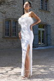 Old Money White Bodycon Sequin Maxi Dress With Feather Trim