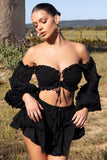 Postcard Black Lace Bardot Puff-Sleeved Crop Top