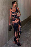 La Belle Orange Smoke Print Ruffle Maxi Skirt With Thigh Split