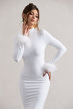 Khalia White High-Neck Feather-Cuff Maxi Dress