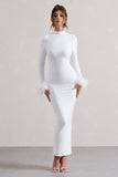 Khalia White High-Neck Feather-Cuff Maxi Dress