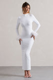 Khalia White High-Neck Feather-Cuff Maxi Dress