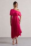 India Hot Pink Satin Asymmetric Plisse Maxi Dress
