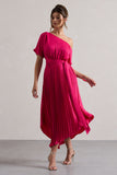 India Hot Pink Satin Asymmetric Plisse Maxi Dress