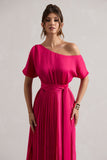 India Hot Pink Satin Asymmetric Plisse Maxi Dress