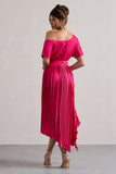 India Hot Pink Satin Asymmetric Plisse Maxi Dress