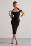 Marla Black Halter-Neck Draped-Sleeve Midi Dress