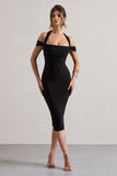 Marla Black Halter-Neck Draped-Sleeve Midi Dress