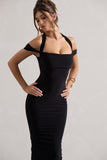 Marla Black Halter-Neck Draped-Sleeve Midi Dress
