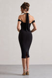 Marla Black Halter-Neck Draped-Sleeve Midi Dress