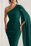 Yara Bottle Green One Shoulder Cape Ruched Midi Dress