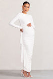 Kiara White Long Sleeve Ruched Maternity Midi Dress with Frill Detail