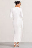 Kiara White Long Sleeve Ruched Maternity Midi Dress with Frill Detail
