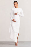 Kiara White Long Sleeve Ruched Maternity Midi Dress with Frill Detail