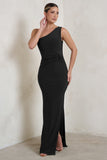 Kary Black One Shoulder Thigh Split Maxi Dress