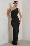 Kary Black One Shoulder Thigh Split Maxi Dress