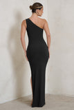 Kary Black One Shoulder Thigh Split Maxi Dress