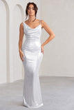 Galaxy Shimmer Silver Bias Cut Cowl Front Maxi Dress