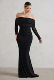 Madeleine Black Fishtail Maxi Dress With Bardot Mesh Long Sleeves
