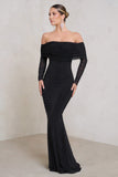 Madeleine Black Fishtail Maxi Dress With Bardot Mesh Long Sleeves